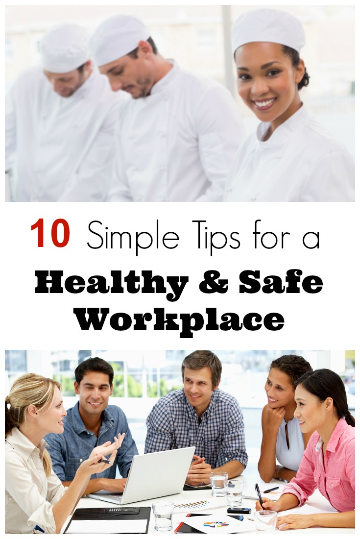 three chefs and one smiling. text reads: 10 simple tips for a healthy and safe workplace