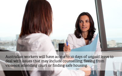 Woman has consultation with lawyer, text reads: Australian workers will have access to 10 days of unpaid leave to deal with issues that may include counselling, fleeing from violence, attending court or finding safe housing.