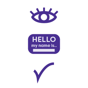 eye, meeting name tag and check mark icon