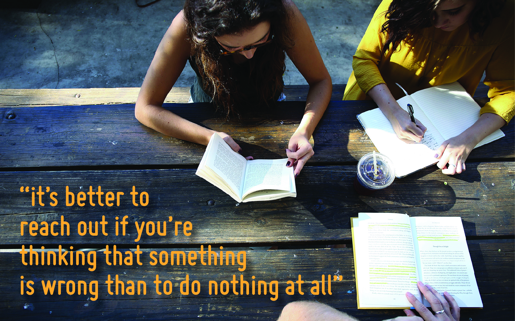 Image of woman reading book at bench. Text reads " it's better to reach out if you're thinking that something is wrong than to do nothing at all 