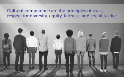 black and white image of people turned around staring at a wall. text reads: cultural competence are the principles of trust respect for diversity, equity, fairness, and social justice