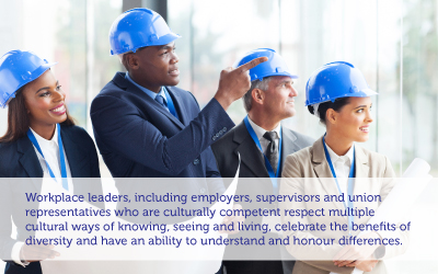 4 diverse employees looking in the same direction, text reads: Workplace leaders, including employers, supervisors and union representatives who are culturally competent respect multiple cultural ways of knowing, seeing and living, celebrate the benefits of diversity and have an ability to understand and honour differences