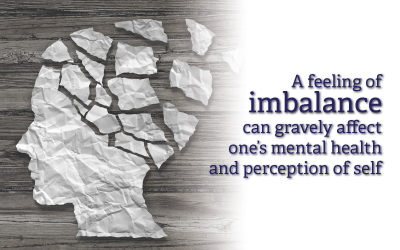 image of scrambled paper head. text reads: a feeling of imbalance can gravely affect one's  mental health and perception of self